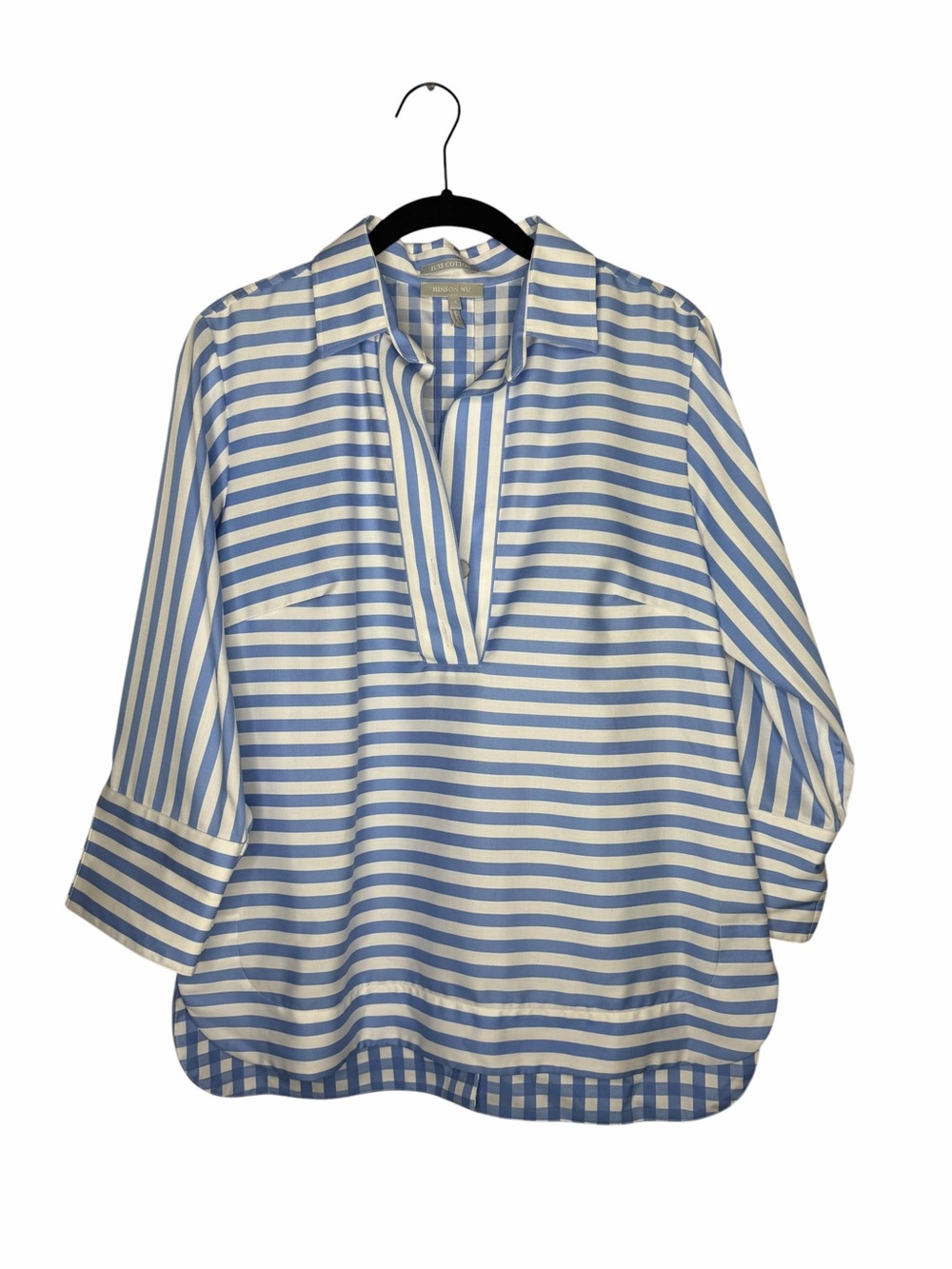 HINSON WU / Aileen Blue White Stripe Check Gingham 3/4 Sleeve Lux Cotton Top / 4